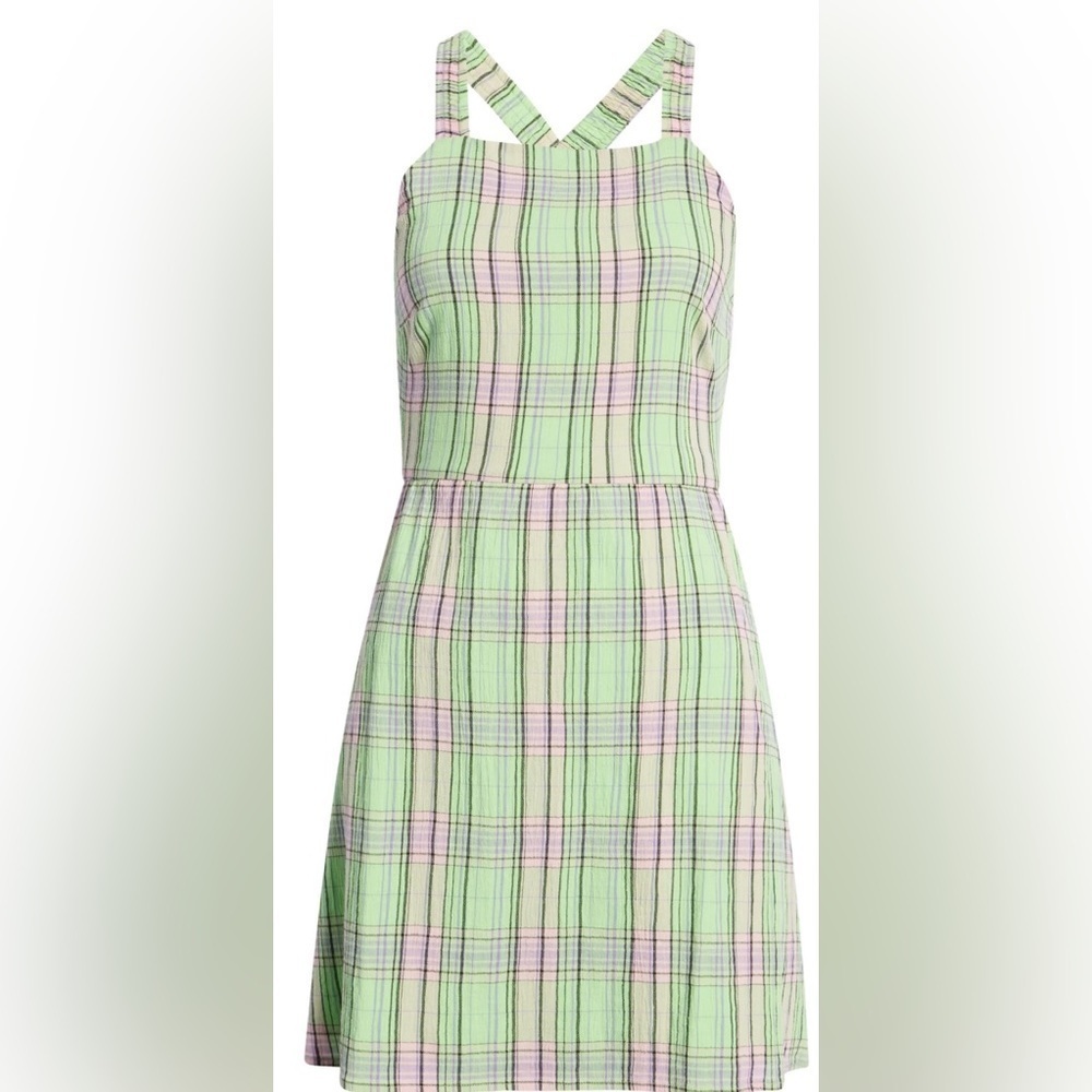Bp. Square neck plaid green and pink mini dress